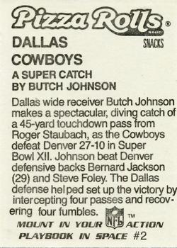 1986 Jeno's Pizza Rolls NFL Action Stickers #2 A Super Catch by Butch Johnson Back