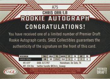 2020 SAGE HIT - Rookie Autographs Purple #A75 Chris Orr Back