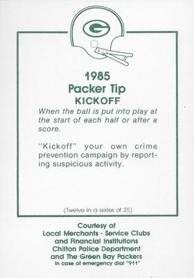 1985 Green Bay Packers Police - Local Merchants, Service Clubs, Financial Institutions, Chilton Police Department #12 Del Rodgers Back