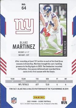 2021 Score - Scorecard #64 Blake Martinez Back