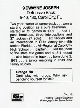 1992 Syracuse Orangemen Program Cards #18 Dwayne Joseph Back