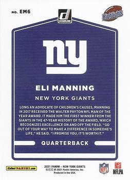 2021 Donruss New York Giants Eli Manning Highlights #EM6 Eli Manning Back