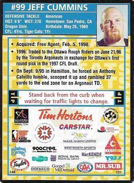 1998 Hamilton Tiger-Cats Police #NNO Jeff Cummins Back