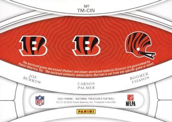 2021 Panini National Treasures - NFL Gear Trio Materials Laundry Tag NFL Player's #TM-CIN Joe Burrow / Carson Palmer / Boomer Esiason Back