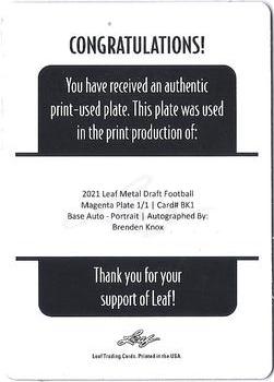 2021 Leaf Metal Draft - Portrait Autographs Printing Plates Magenta #BK1 Brenden Knox Back