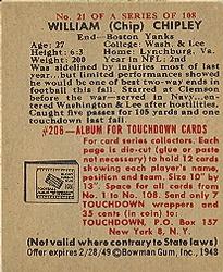 1948 Bowman #21 Bill Chipley Back