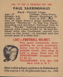 1948 Bowman #77 Paul Sarringhaus Back