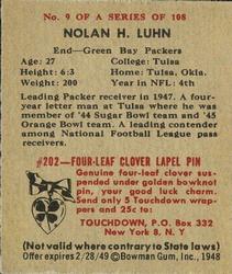 1948 Bowman #9 Nolan Luhn Back