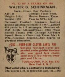 1948 Bowman #62 Walt Schlinkman Back