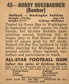 1948 Leaf #43 Bobby 'Bomber' Nussbaumer Back