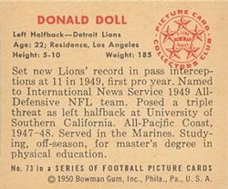 1950 Bowman #73 Donald Doll Back