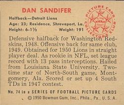 1950 Bowman #74 Dan Sandifer Back