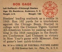1950 Bowman #54 Bob Gage Back