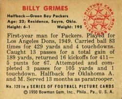 1950 Bowman #120 Billy Grimes Back