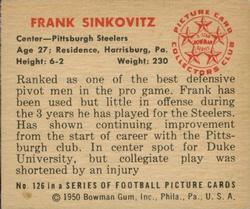 1950 Bowman #126 Frank Sinkovitz Back