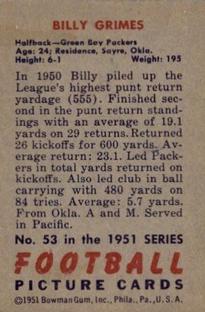 1951 Bowman #53 Billy Grimes Back