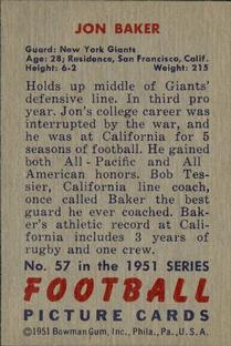 1951 Bowman #57 Jon Baker Back