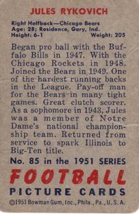 1951 Bowman #85 Jules Rykovich Back