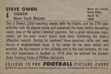 1952 Bowman Large #4 Steve Owen Back