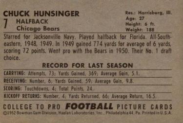 1952 Bowman Large #7 Chuck Hunsinger Back