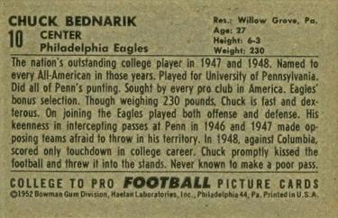 1952 Bowman Large #10 Chuck Bednarik Back