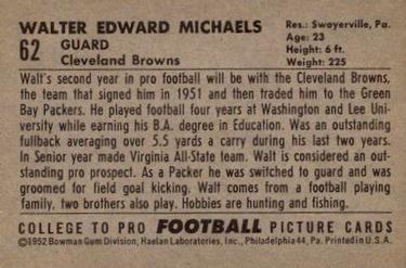 1952 Bowman Large #62 Walt Michaels Back