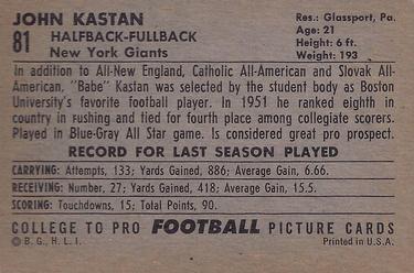 1952 Bowman Large #81 John Kastan Back