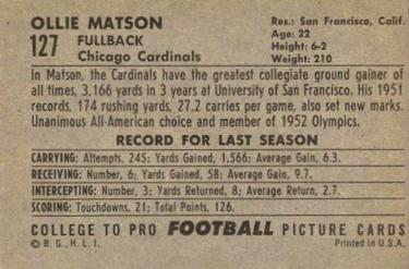 1952 Bowman Large #127 Ollie Matson Back