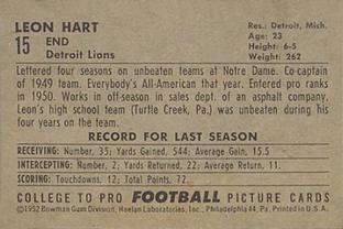 1952 Bowman Small #15 Leon Hart Back