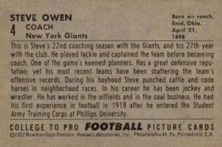 1952 Bowman Small #4 Steve Owen Back