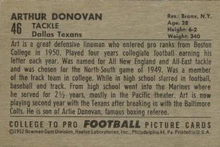 1952 Bowman Small #46 Art Donovan Back