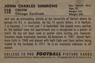 1952 Bowman Small #110 Jack Simmons Back