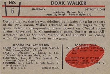 1953 Bowman #6 Doak Walker Back