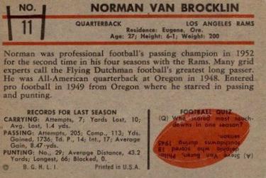 1953 Bowman #11 Norm Van Brocklin Back