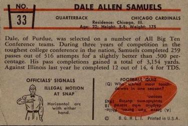 1953 Bowman #33 Dale Samuels Back