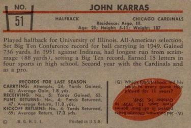 1953 Bowman #51 John Karras Back