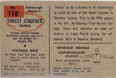 1954 Bowman #118 Ernie Stautner Back