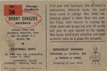 1954 Bowman #36 Bobby Cavazos Back
