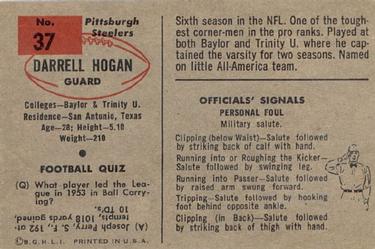 1954 Bowman #37 Darrell Hogan Back