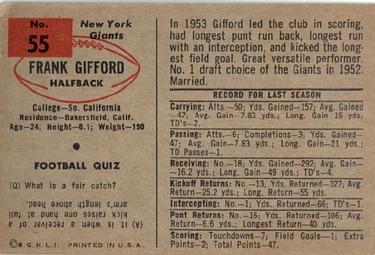 1954 Bowman #55 Frank Gifford Back