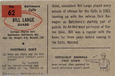 1954 Bowman #62 Bill Lange Back