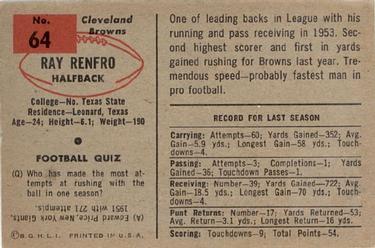 1954 Bowman #64 Ray Renfro Back