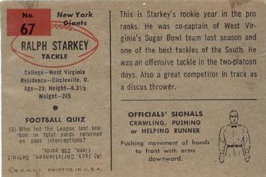 1954 Bowman #67 Ralph Starkey Back