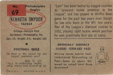 1954 Bowman #69 Ken Snyder Back