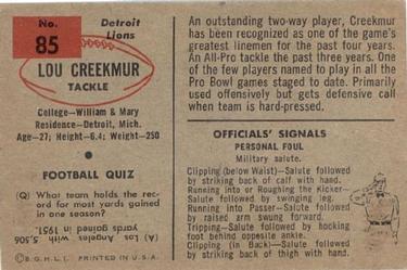 1954 Bowman #85 Lou Creekmur Back