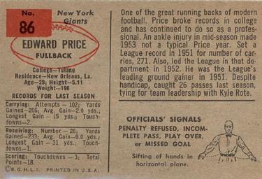 1954 Bowman #86 Eddie Price Back