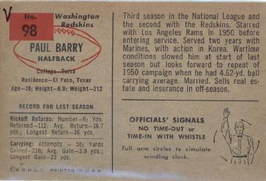 1954 Bowman #98 Paul Barry Back