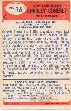 1955 Bowman #16 Charley Conerly Back