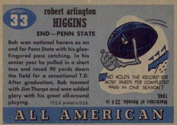 1955 Topps All-American #33 Bob Higgins Back