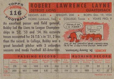 1956 Topps #116 Bobby Layne Back